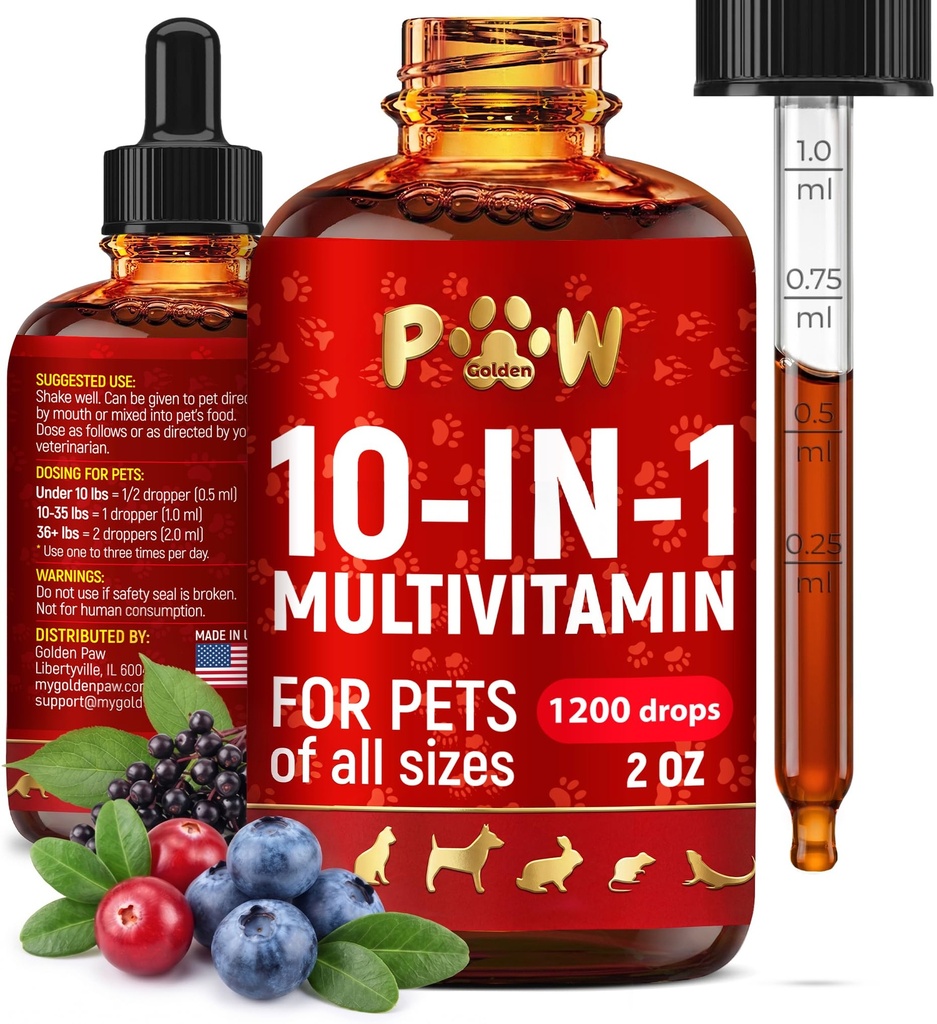 Multivitamines de chat – Vitamines B, C et D3 sous forme liquide – Vitamines et suppléments pour chiens de 10 en 1 pour aider aux allergies et aux UTI – Vitamines de chat pour la peau et le manteau – Glucosamine pour HIPS & Joints – 2 Oz