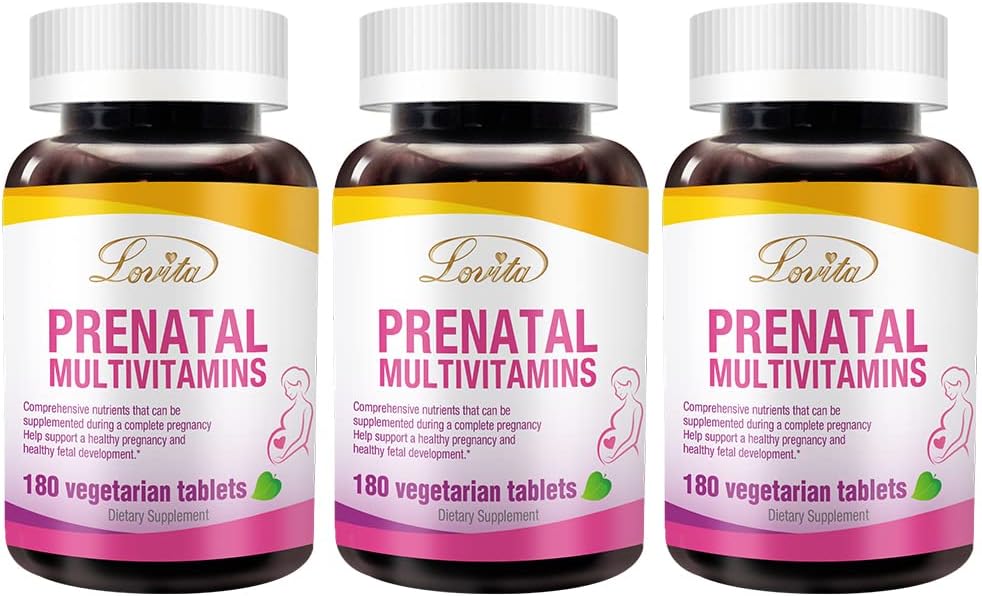 Lovita Prenatal Vitamine mit Eisen 27 mg, Folsäure 800mcg & Kalzium, Vegan Prenatal Vitamine für Frauen während und Post Preganacy, Non GMO, 180 Vegetarische Pränatal Pillen (Pack von 3)