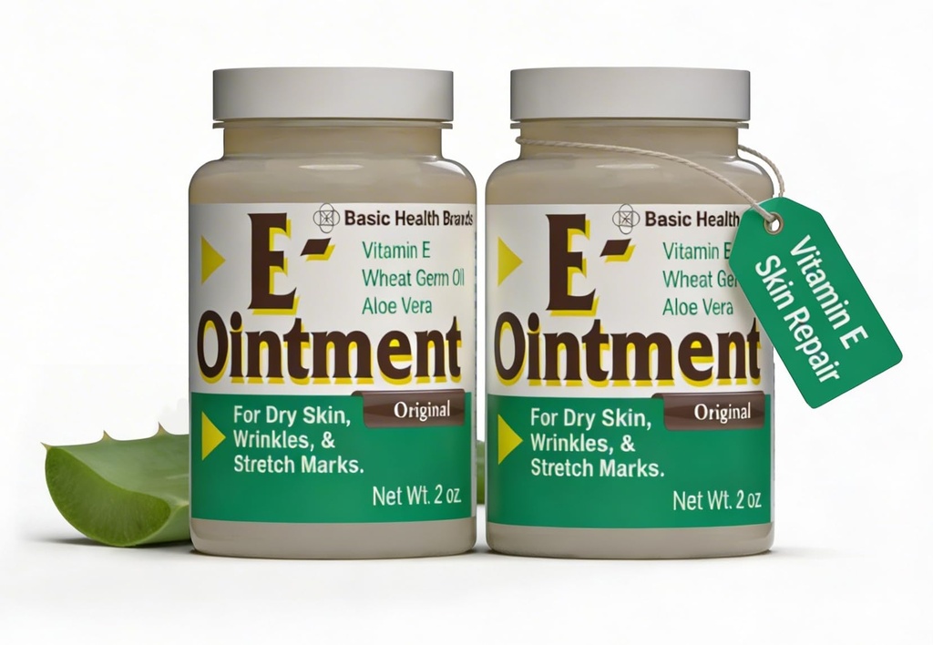 Basic Brands - Vitamin E Ointment - 2oz - Feuchtigkeitsspendend - Kann helfen, Aussehen von Narben, Stretch-Marken, Fine Lines & Falten zu reduzieren - 2-Pack