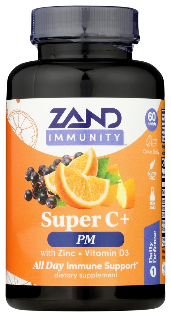 Zand Immunität Super C+ PM, Nighttime Immune Support Plus Melatonin, 1000mg PureWay-C Vitamin C, Zink, D3 & Elderberry, Enhanced Absorption - 60 Tabletten, 30 Portionen