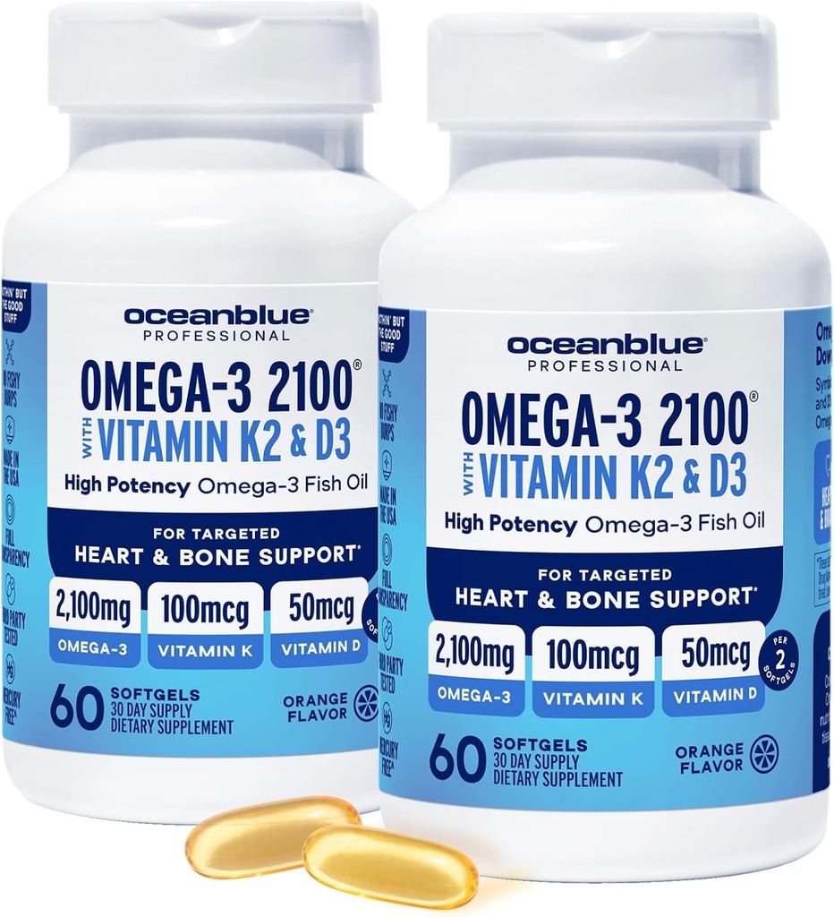 Oceanblue Professional Omega-3 2100 avec Vitamine K2 et Vitamine D3-60 Compte 2 Pack- Triple Strength Burpless Fish Oil Supplément avec EPA, DHA & DPA - Sauvage pris - Orange Flavor, 60 portions