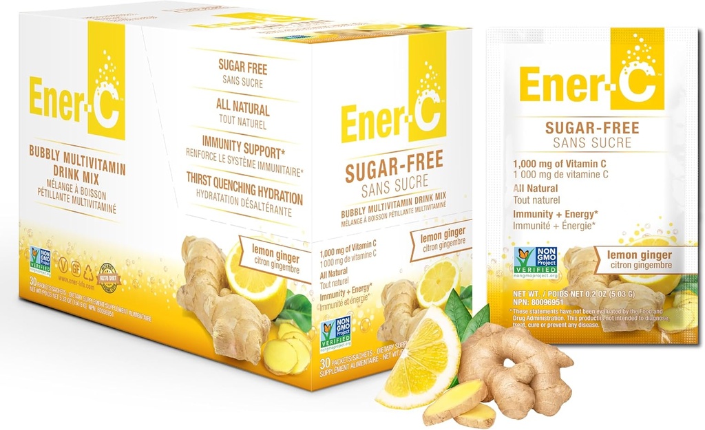 Ener-C Sugar Free Lemon Ginger Multivitamin Drink Mix, 1000mg Vitamin C, Non-GMO, Vegan, echte Fruchtsaftpulver, natürliche Immunität Unterstützung, Elektrolyte, Glutenfrei, 1-Pack von 30