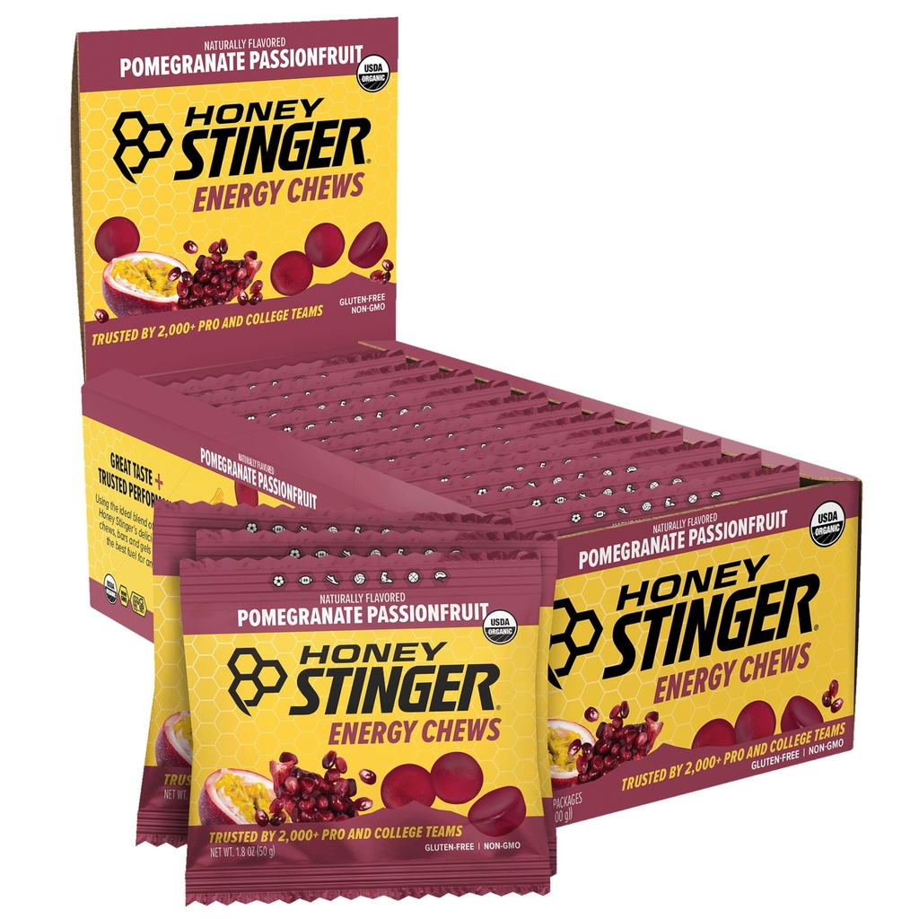 Honey Stinger Bio Pomegranate Passionfruit Energy Chew, Gluten Free & Caffeine Free, für Übung, Laufen und Performance, Sporternährung für Home & Gym, Pre und Mid Workout, 12 Pack