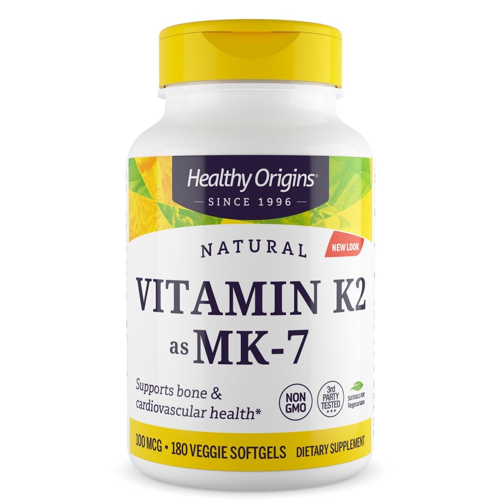 Gesunde Herkunft Vitamin K2 100 mcg (MK-7, Non-GMO, Glutenfrei, Cardiovascaular Support, Knochenunterstützung), 180 Veggie Gele