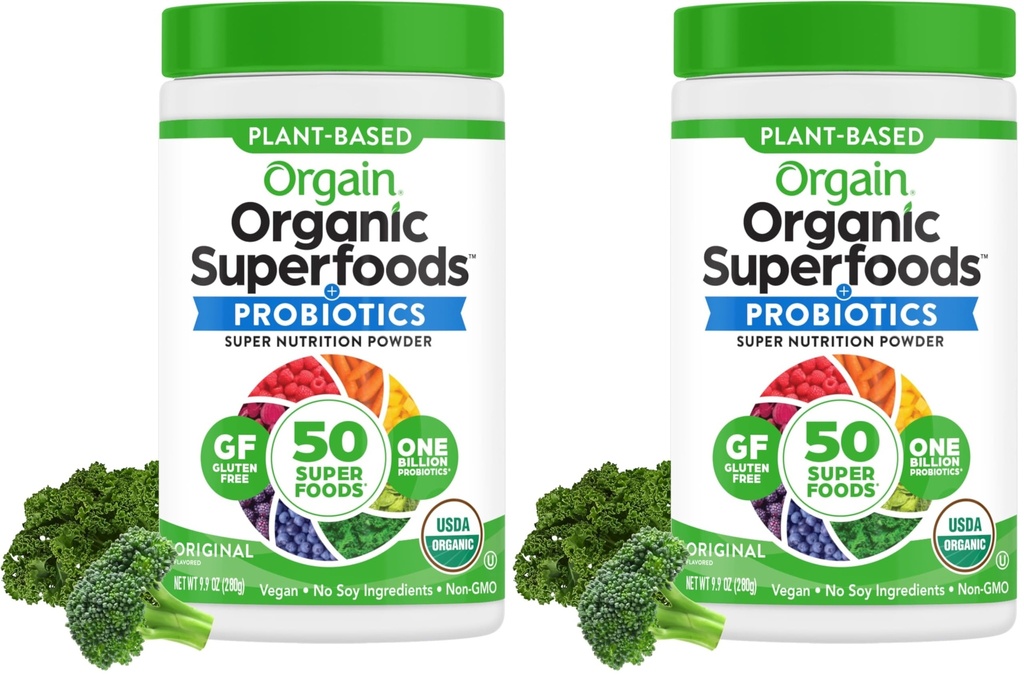 Orgain Organic Greens Powder + 50 Superfoods, Original - 1 Billion Probiotics for Gut Health, Antioxidantien, Vegan, Plant Based, Gluten Free, Non GMO, Dairy Free Juice & Smoothie Mix - 0.62lb