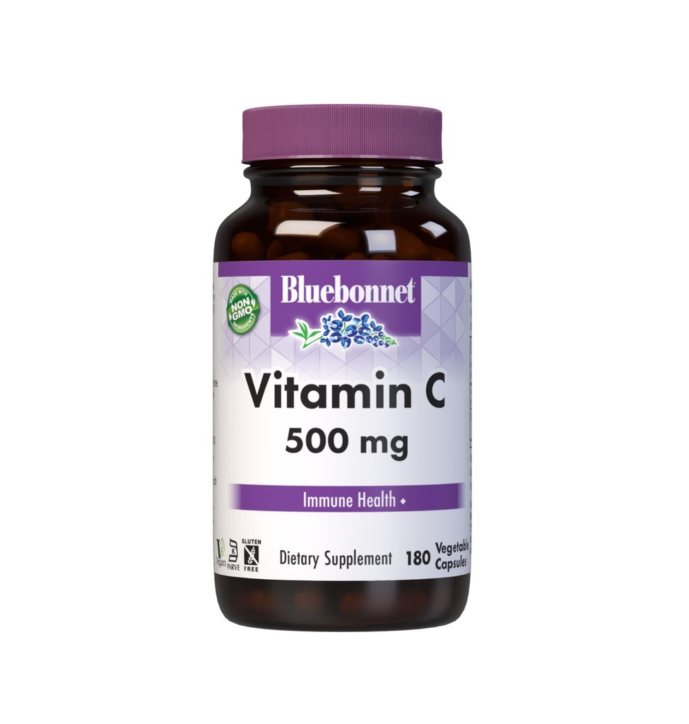 Bluebonnet Nutrition Vitamin C 500 mg Pflanzliche Kapseln, Ascorbinsäure, für Immungesundheit und Hautgesundheit, Vegan, Vegetarisch, Non GMO, Glutenfrei, Sojafrei, Milchfrei, Kosher, 180 Gemüsekapseln
