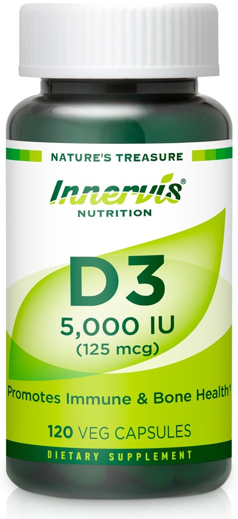 High Potency Vitamine D3 5000 UI – Boost Immune, soutien os et dents, facile à avaler 120 capsules de légumes