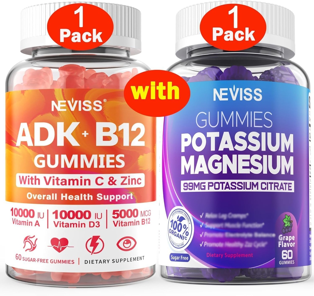 NEVISS 1Pack Vitamin ADK mit B12 + 1Pack Kalium Magnesium Gummi