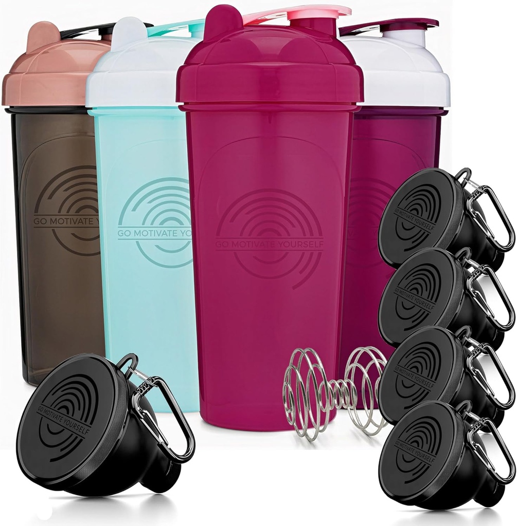 GOMOYO Fitness Bundle - 4-Pack Shaker Flaschen mit Agitator + 5-Pack Protein Funnels mit Carabiner, BPA-Free & Spülmaschine Safe