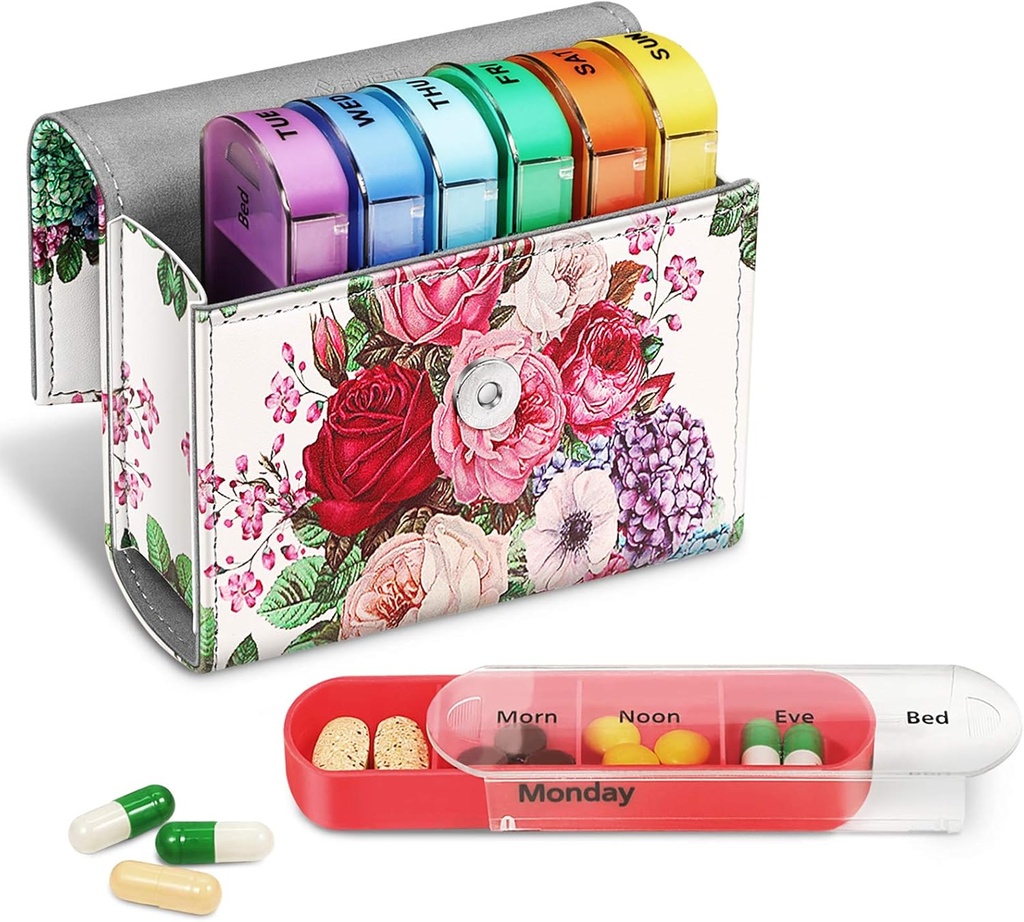 FINPAC Weekly Pill Organizer 4 Mal A Day, Dia Open PU Leder Case Reise Pille Vitamin Medizin Reminder und Planner mit Namenskarte für Morning| Afternoon| Evenings Bedtime (Flower Festival)