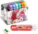 FINPAC Weekly Pill Organizer 4 Mal A Day, Dia Open PU Leder Case Reise Pille Vitamin Medizin Reminder und Planner mit Namenskarte für Morning| Afternoon| Evenings Bedtime (Flower Festival)