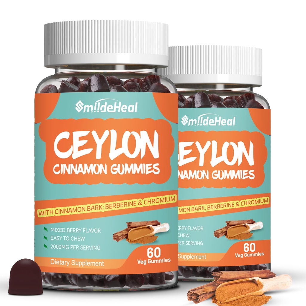 2 Pack Sugar Free Ceylon Cinnamon Gummies 2000MG, Cinnamon Supplement mit Chrom und Cinnamon Bark, Vegan, Non-GMO, Gluten Free,120 Gummies