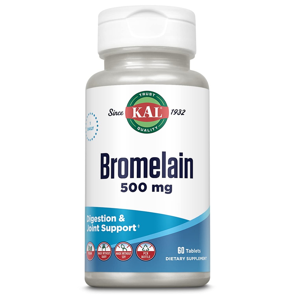 KAL Bromelain 500 mg, Verdauungs- und Gelenkunterstützungsergänzung, Verdauungsenzyme, Ananasextrakt, Schnellzerfall, Vegan, Made without Dairy or Soy, Lab Verified, 60 Portionen, 60 Tabletten