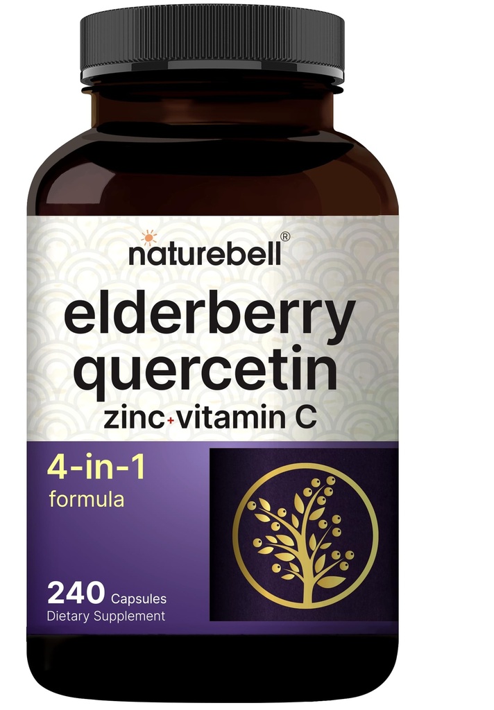 NatureBell Sambucus Elderberry Kapseln, 5000mg Pro Servieren mit Quercetin 500mg, Vitamin C und Zink, 240 Count | European Black Elderberry Fruit Extract – 4 in 1 Immun Support Supplements