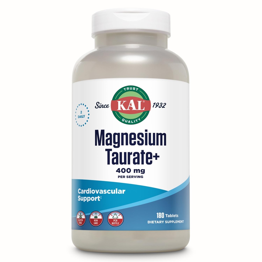 KAL Magnesium Taurate 400mg Plus CoEnzyme Vitamin B6, Chelat Magnesiumergänzung, Muskelfunktion, Glutenfrei, Vegan, 90 Serv, 180 Tabletten