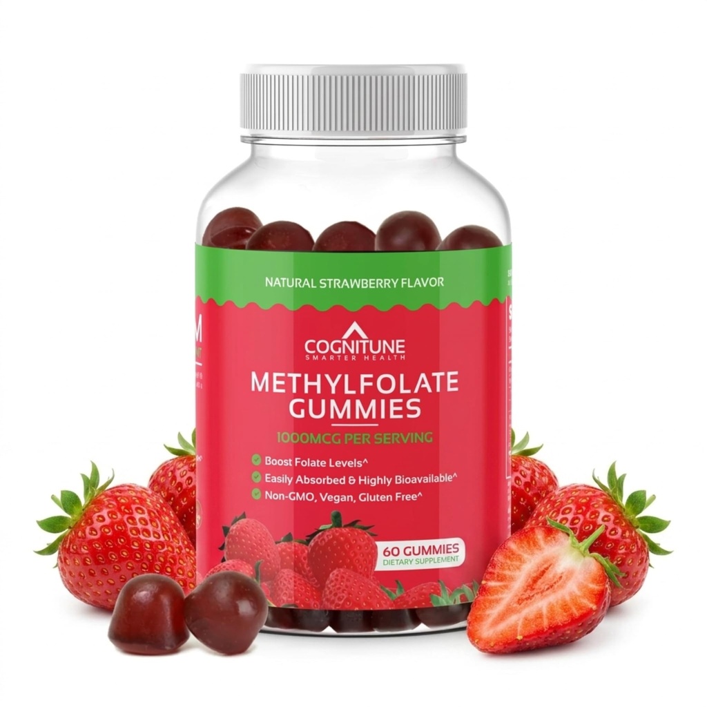 CogniTune Methylfolate Gummies - einfach zu nehmen hohe Potenz L-Methylfolat, Folate-Ergänzung für Gehirn, Herz-Gesundheit & Immunität, Delicious Erdbeeren Flavor, Non-GMO, Vegan, Gluten-Free