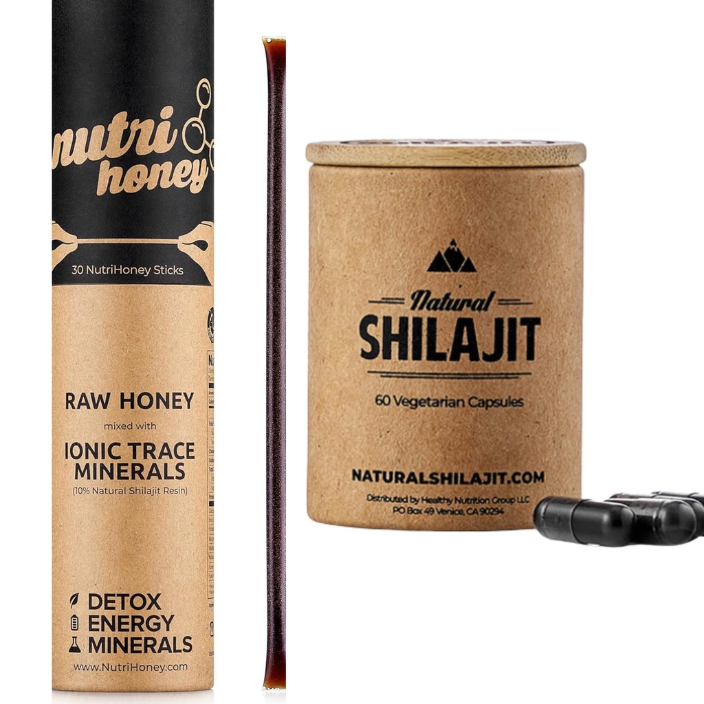 NATURAL SHILAJIT Kapseln (1-2 Monate Versorgung) | 60 Graf & Shilajit Honey Sticks Resin Gemischt mit Raw Honey (30 Sticks)