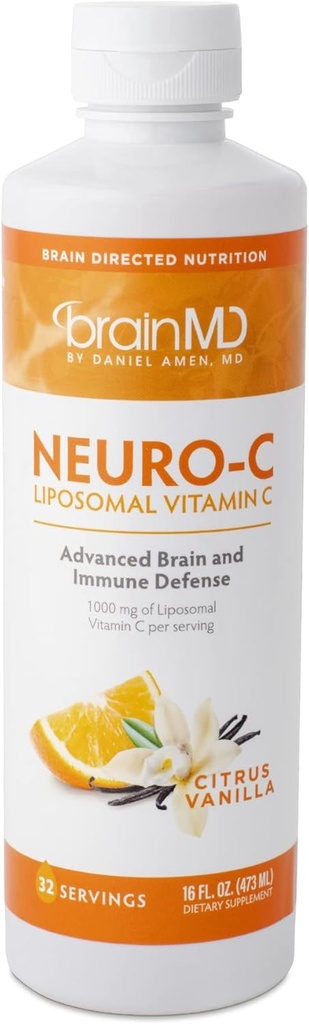 BRAINMD par le Dr Amen Neuro-C, Citrus Vanilla - 16 fl oz - 1000 mg Vitamine liposomique C - Avancé Cerveau et défense immunitaire - Sans gluten - 32 portions