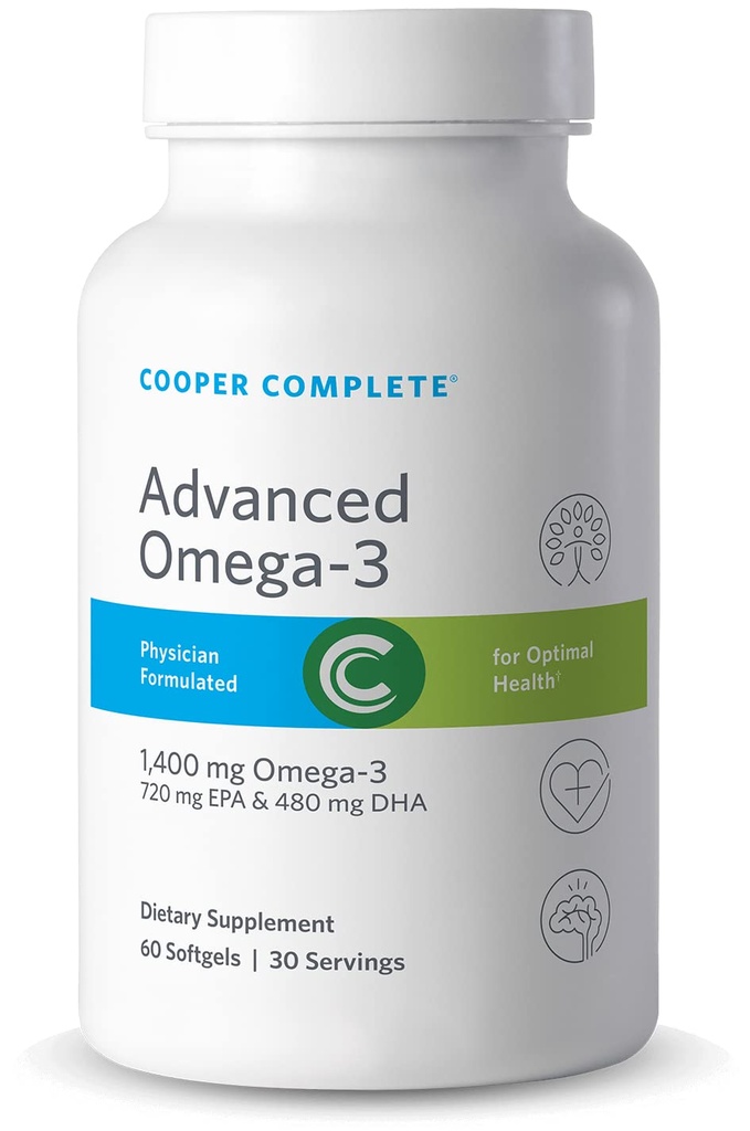 Cooper Complete - Omega avancé 3 - Supplément huile de poisson, EPA concentré + acide gras Omega-3 DHA 1400 mg - 60 Softgels par bouteille. Boîte de 4