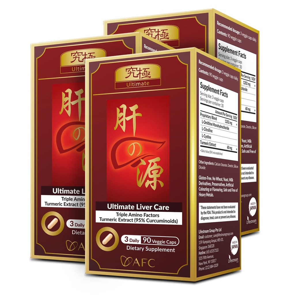 AFC Japan Ultimate Liver Care – Cleanse Detox-Formel mit Aminosäure L-Ornithin, L-Citrulline, L-Cystine und Turmeric – Liver Health Support Supplement, 90 Veggie Kapseln x 3