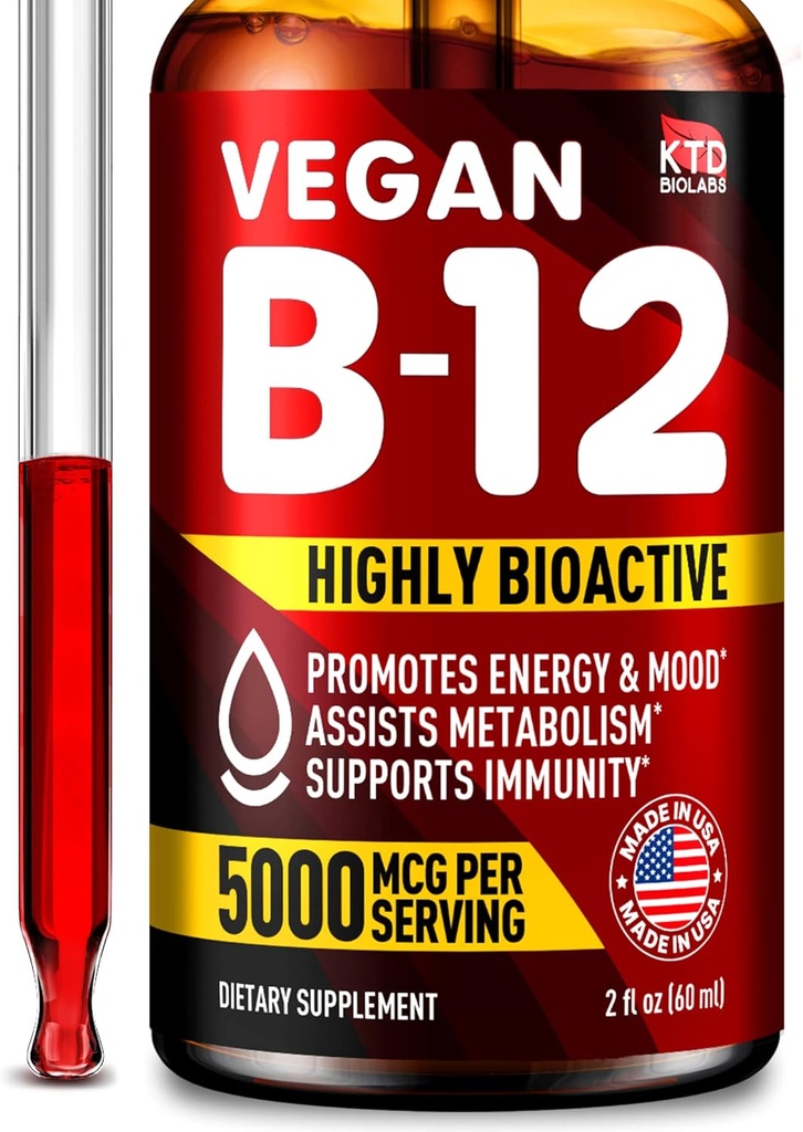 B12 Sublingual 5000 mcg Drops - Made in USA - Vegan B12 Vitamins for Energy, Mood & Memory - Hochverfügbare Sublingual Drops - Methylcobalamin für Damen und Herren - 2 fl. oz.