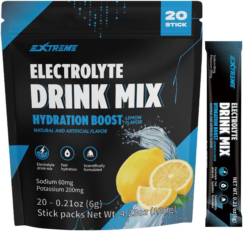 Mélange de boisson d'électrolyte extrême avec du sodium 60mg, du potassium 200mg, de la taurine - poudre d'hydratation, du sucre zéro, de la caféine zéro, non OGM, du gluten zéro, faible teneur en calories, saveur citron (20 paquets, 20 jours d'approvisionnement)