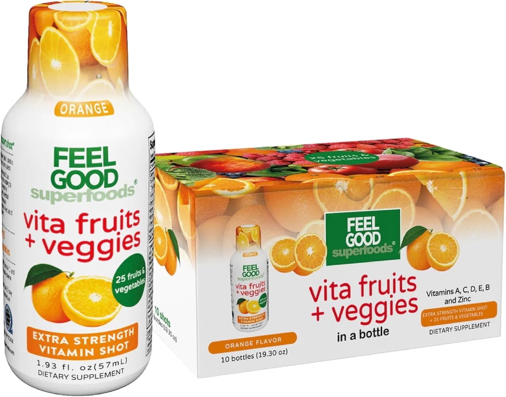 FeelGood Superfoods Vita Fruits and Veggies Immun Support Shot Supplements, Orange Flavor, Packung mit 10 Immunity Shots, Immunsystem Booster Drink Made with 25 Organic Fruit & Gemüse