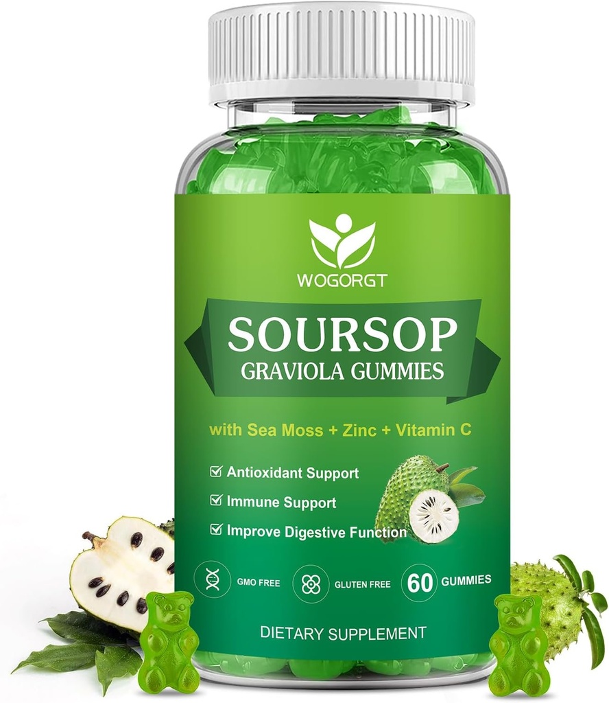 WOGORGT Soursop Graviola Gummis - Soursop Multivitamin Gummis mit 200mg Sea Moss Extract für Antioxidant, Zellunterstützung & Regeneration, Immununterstützung, Vegan, Apfel Geschmack - 60 Gummis
