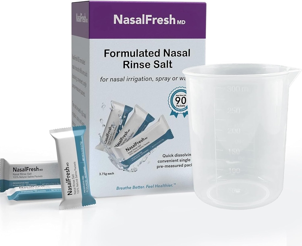 NASALFRESH MD - Sacs salins - Dissolution rapide - Usage unique - Pré-mesure - Irrigation nasale - Emballé individuellement (3,75g/1,3oz) - 90 Sacs de recharge de comptage - Coupe de 300mm