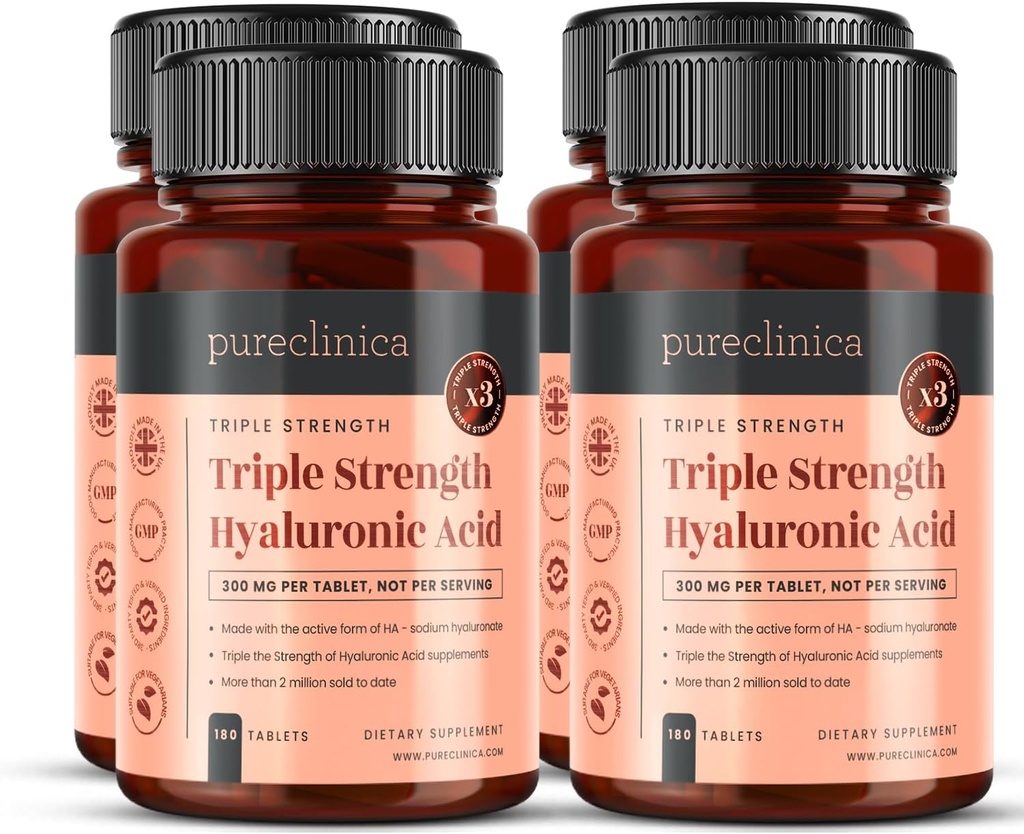 pureclinica Triple Strength Hyaluronsäure 300mg x 720 Tabletten (4 Flaschen von 180) - 2 Jahre Versorgung
