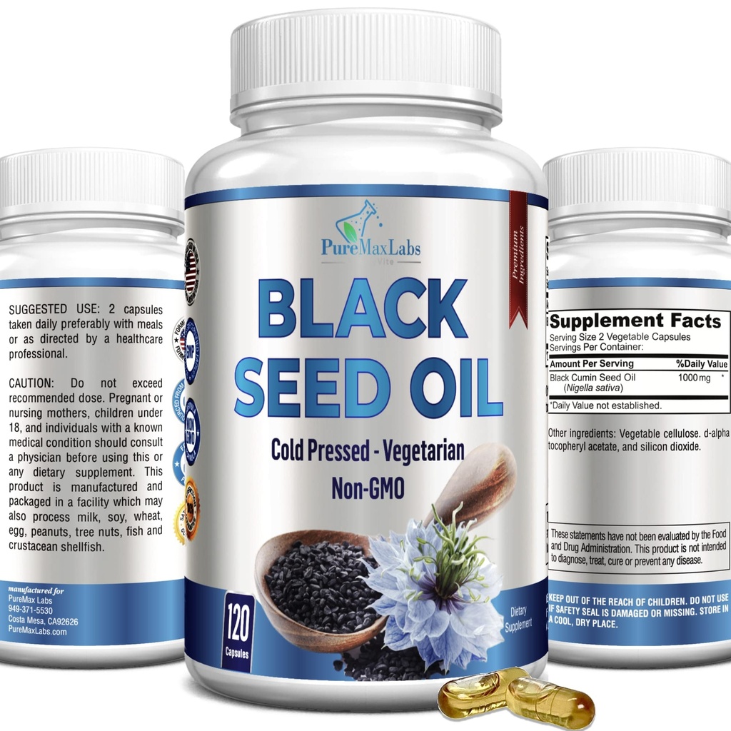 Kaltgepresstes Schwarzes Saatgutöl - 120 Kapseln, Premium Nigella Sativa Pure Schwarzes Cumin Samenöl mit Vitamin E, für Haar, Haut und Immune Gesundheit - Non-GMO 120 Kapseln