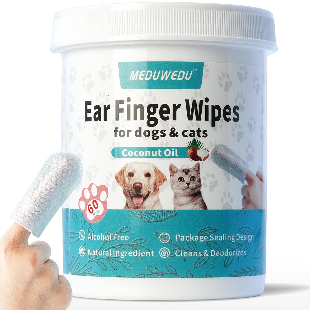 Wipes de doigt nettoyant d'oreille 60 comtes, nettoyant d'oreille de chien, kit de toilettage pour chiens et chats, tampons de nettoyage otiques doux et faciles, enlever la cire, la dirt et l'arrêt Smelly, démangeaison, non irritant, parfum de noix de coco