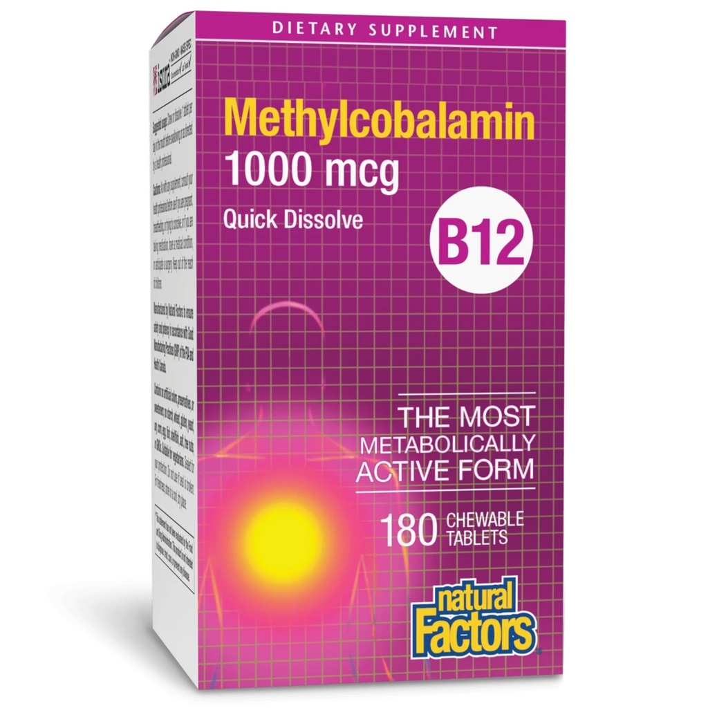 Facteurs naturels Méthylcobalamine 1 000 mcg - Supplément de vitamine B12 sous forme métabolique active - Supplément soutient la formation et la production d'énergie - 180 comprimés à croquer (180 portions)