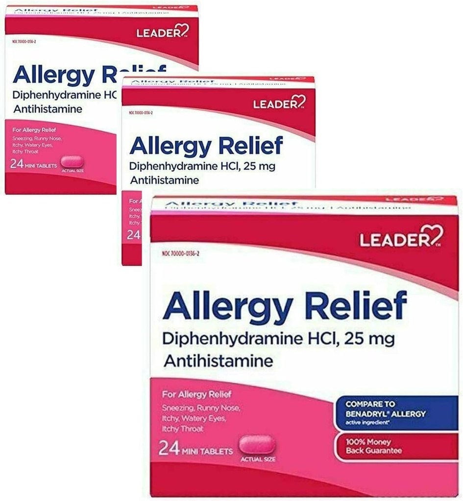 Leader Antihistamin Allergy Relief Diphenhydramin HCl, 25mg Mini Tablets, 24 Count Pack von 3