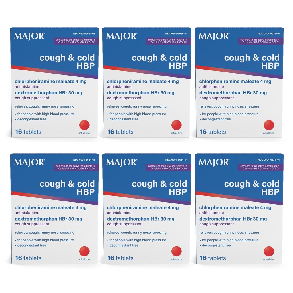 MAJOR Cough and Cold HBP Tablets - Antihistamin und Cough Suppressant für Menschen mit hohem Blutdruck - Dextromethorphan HBr, Chlorpheniramin Maleate - 16 Count (6 Pack)
