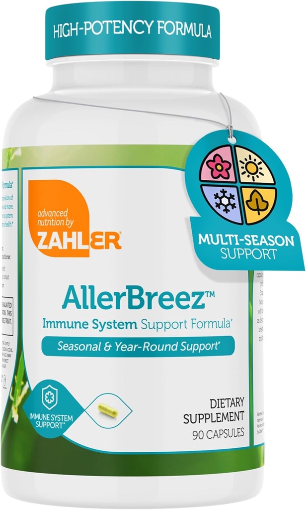 Zahler AllerBreez Immune Formule de support système avec vitamine C, Quercetine, vitamine B5, MSM et sting Nettle - Supplément de support immunitaire saisonnier et annuel, Supplément allergène Dhist (180 capsules)