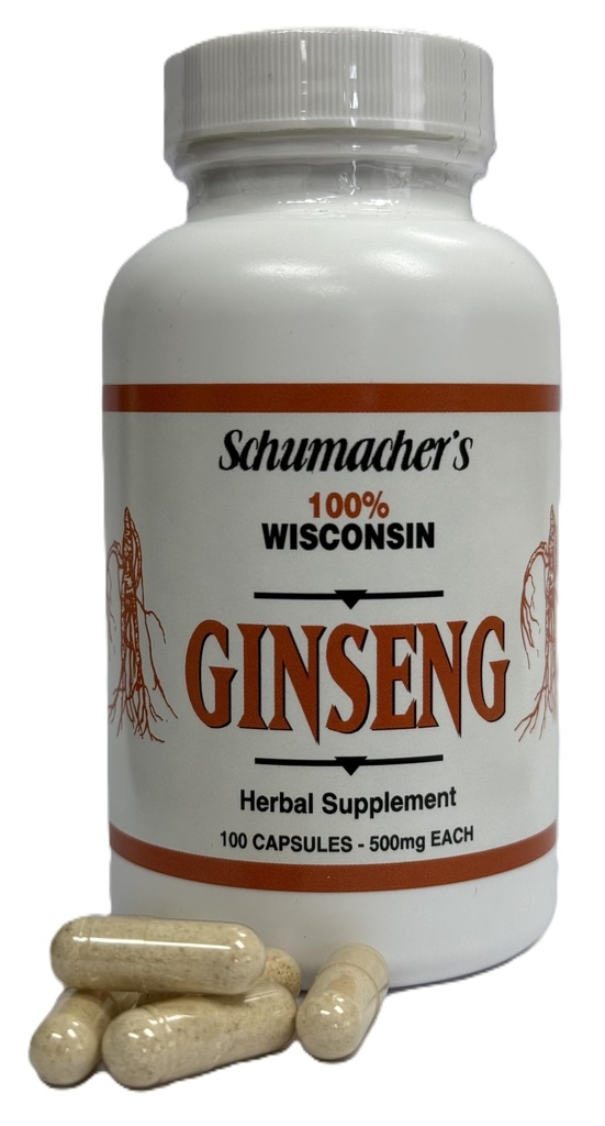 Ginseng Capsules américaines, Ginseng 100% Wisconsin pur, 500mg, 100 Capsules - Meilleur supplément de Ginseng, Racines de Ginseng pures de Wisconsin Potent par Schumacher Ginseng