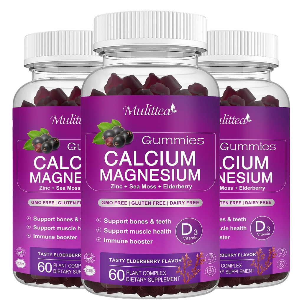 Calcium-Magnesium Zink-Gummien mit hoher Absorption Magnesium-Glycinat 200mg, Kalium -Plant Calcium-Ergänzung w/ D3 & Sea Moss für Knochen, Muskeln, Kalm Mood & Schlaf-Unterstützung- Kinder & Erwachsene (3 Pack)