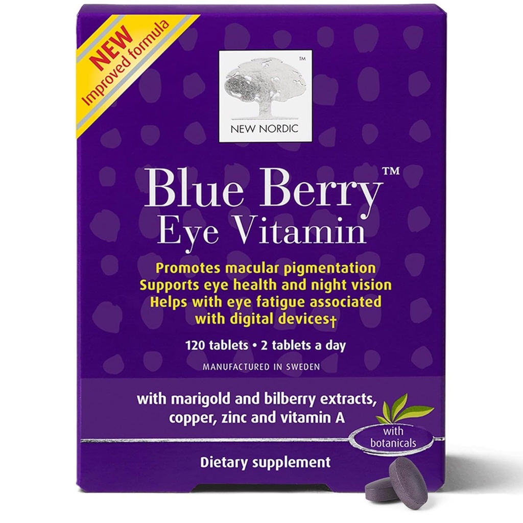 Nouveau supplément de vitamine lutéine aux yeux bleu Berry NORDIC avec du zinc, soutient la pigmentation maculaire, la fonction des yeux et de la vision, 120 comprimés (paquet de 1)