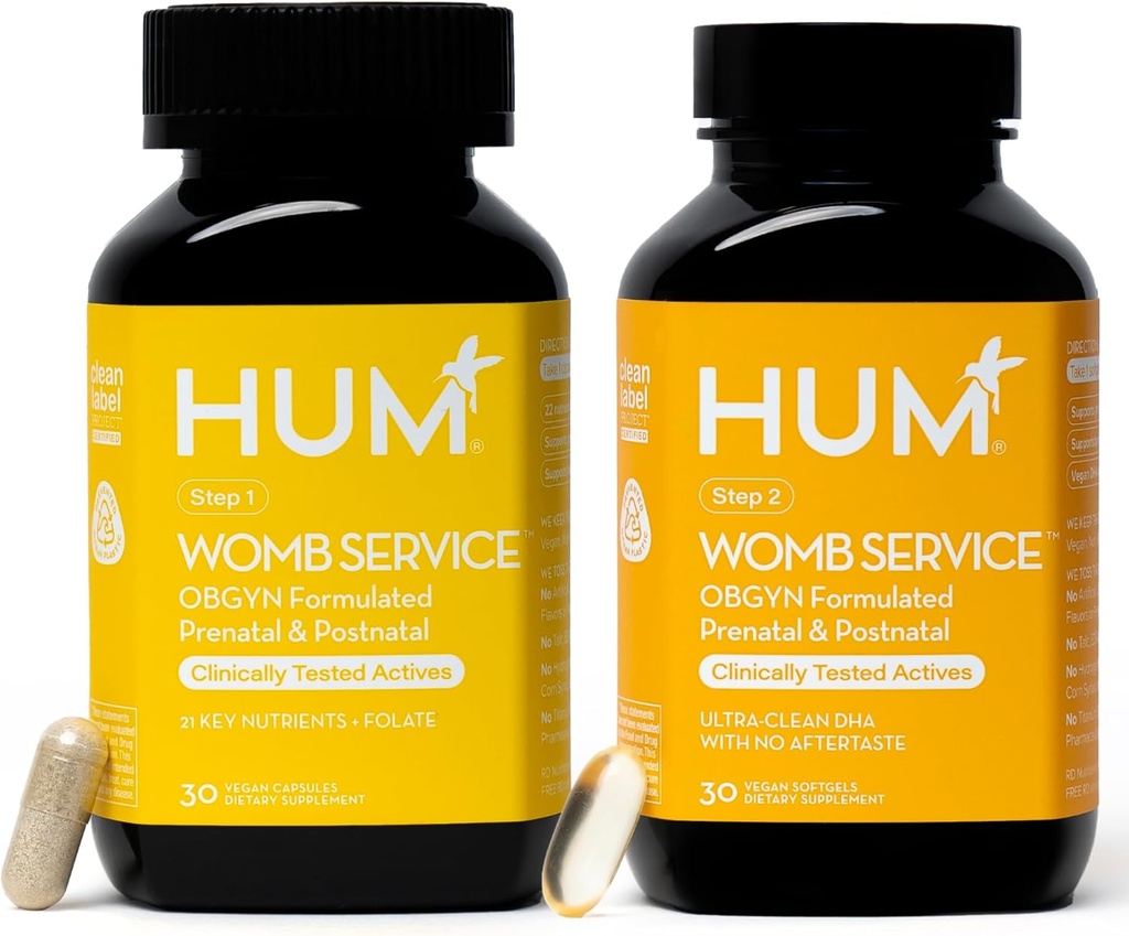 HUM Womb Service Postnatal & Prenatal Ergänzungen für Frauen, OBGYN Formuliert mit Vegan DHA, Choline & Folate, Clean Daily Nährstoffe, Pre-to-Post Pregnancy Support, 30 Vegan Kapseln & 30 Softgels