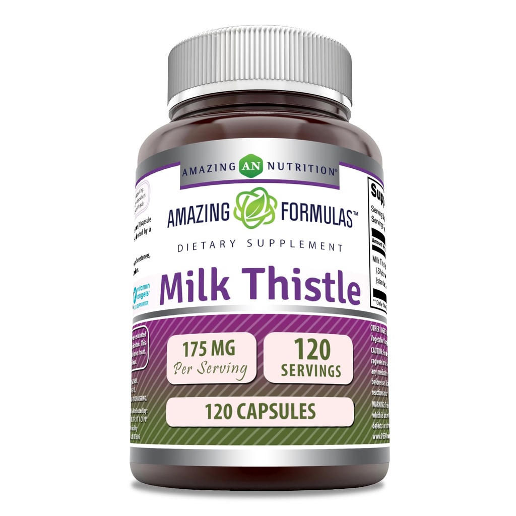 Formules étonnantes Supplément de chardon de lait $ 175 Mg par portion $ 120 Capsules $ Non-GMO $ Sans gluten $ Fabriqué aux États-Unis