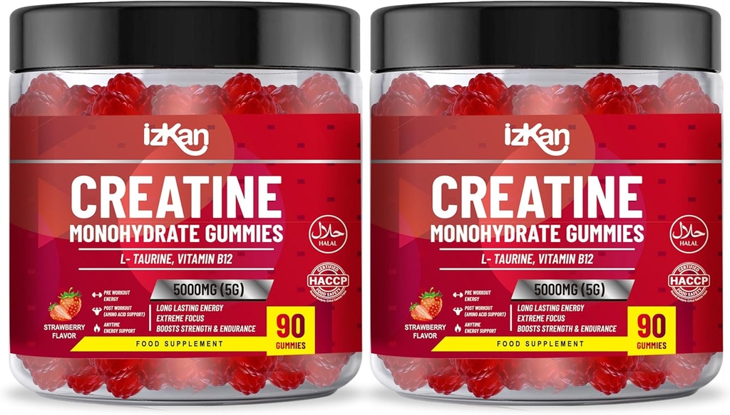 Creatine Monohydrate Gummy 5000mg für Männer und Frauen - 180 Kaubare Creatine ADVANCE COMPLEX Taurine & B12 Gummie Erdbeere aromatisiert | Vor Workout Gym Supplement) Halal | Vegan | (2 Monate Versorgung)