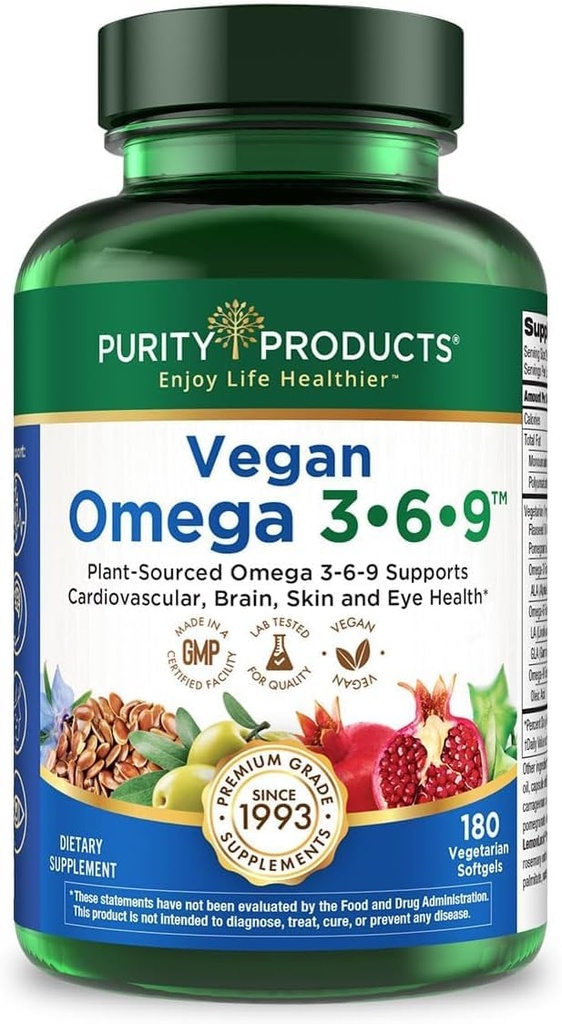 Produits de pureté Omega végétalien 3-6-9 Formule - 5 % en 1 $ Complexe essentiel d'acide gras - Omega biologique 3 6 9 Acides gras essentiels (AFE) - Approvisionnement de 3 mois - 180 softgels