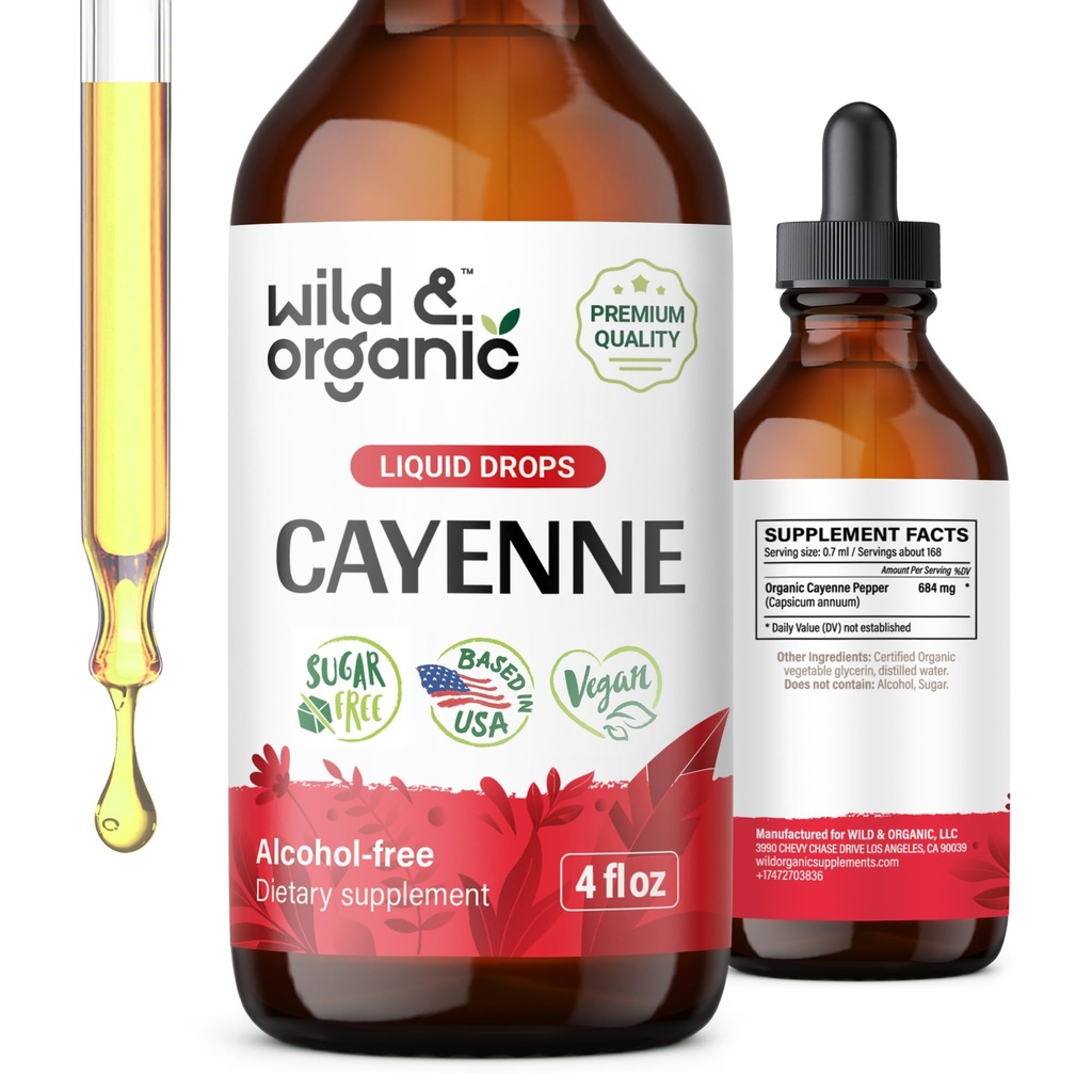 Wild & Organic Cayenne Pepper Tincture - Verdauungshilfe mit Capsaicin Extract - Cayenne Pepper Liquid Drops für Gesamtgut - Vegan, Zucker & Alkoholfrei - 4 fl oz