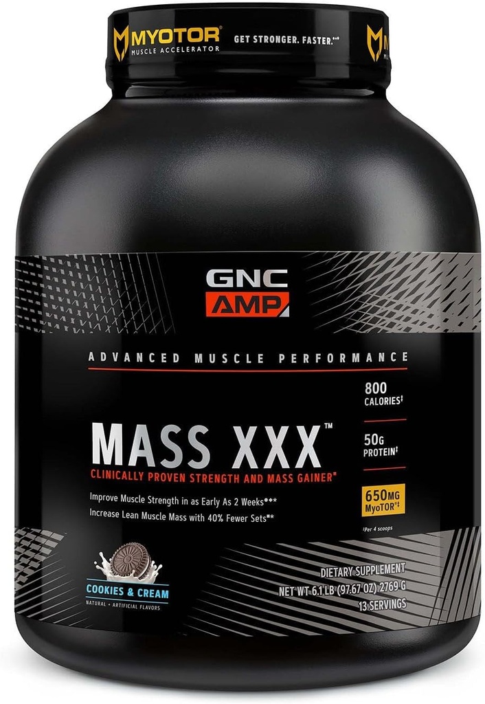 GNC AMP Maß XXX, Clinical Proven Weight Gainer Protein Powder, verbessert Stärke, Größe, 780 Kalorien, 50g Protein, Micronized Amino Acids, Kreatin, Betaine, Cookies & Cream, 13 Servierungen, 6 SVG