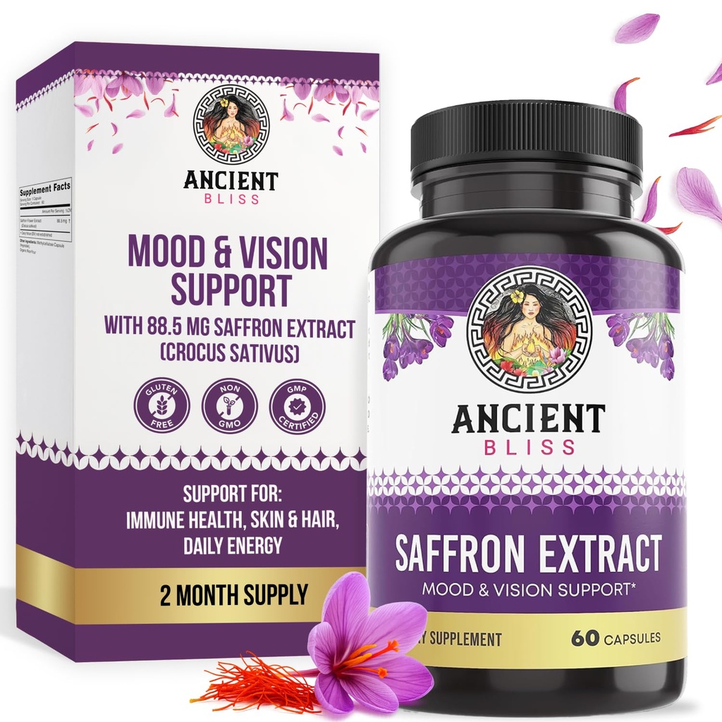 Ancien Bliss Saffron Extract Capsules Mood & Eye Support Supplément, Saffron Extract Suppression de l'appétit Gestion du poids pour les femmes et les hommes (60 capsules)