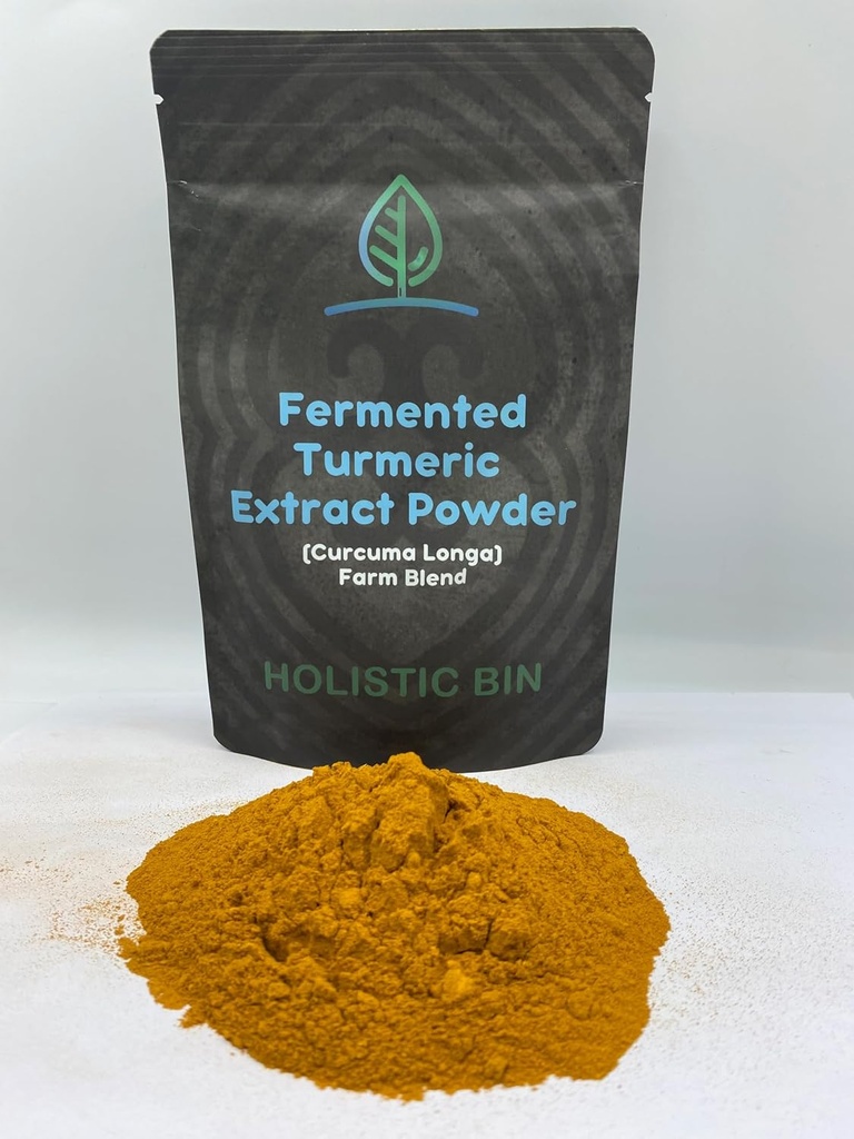 Boîte holistique en poudre de curcuma fermenté (or blanc) Cucurma Longa Farm Blend Curcumine avec gingembre - 56 Grams