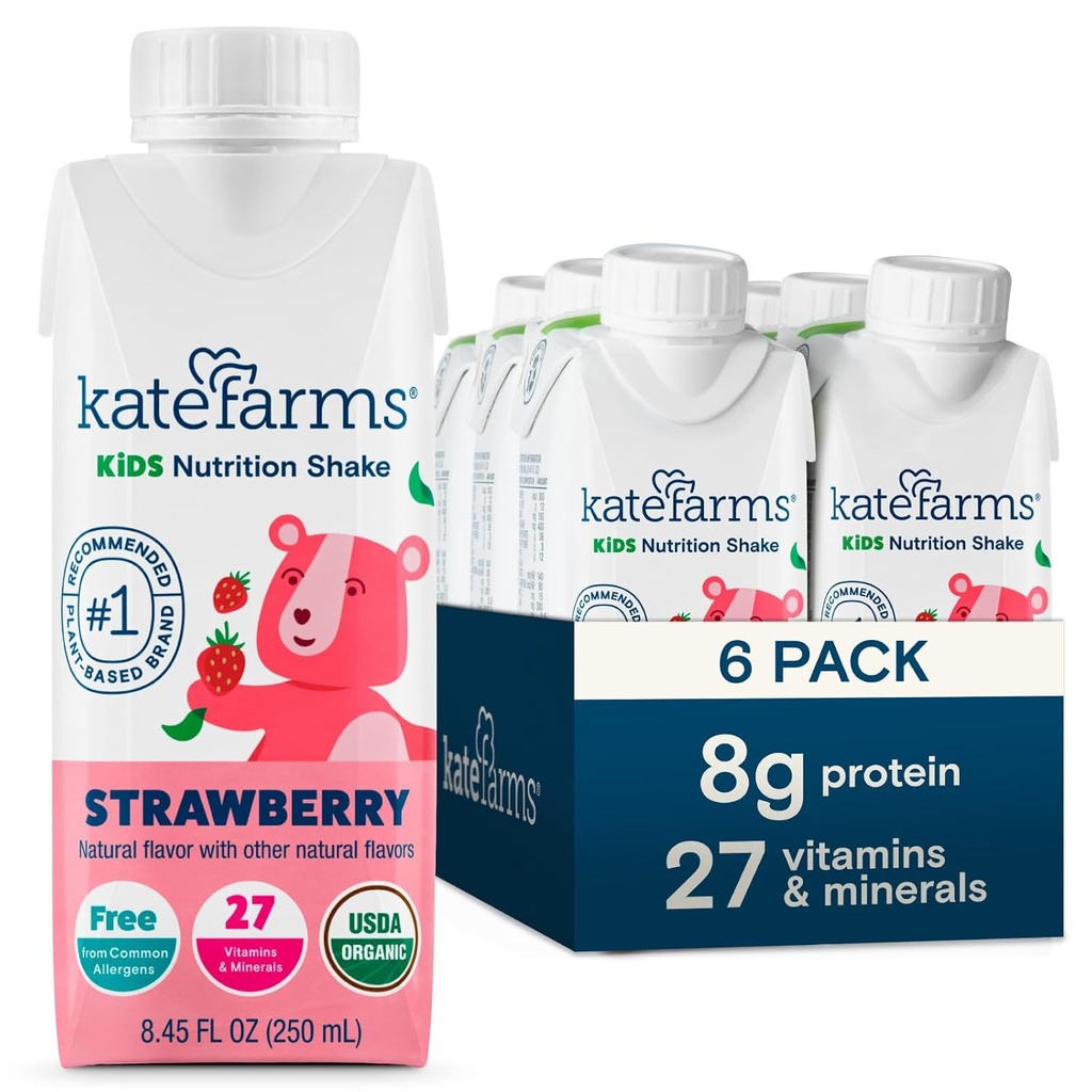 KATE FARMS Organic Kids Nutrition Shake, Erdbeere, 8g Protein, 27 Vitamine und Mineralstoffe, Meal Replacement, Protein Shake, Non-GMO, 8.45 oz (6 Pack)