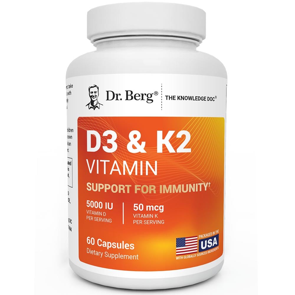 Dr. Berg Maximale Stärke 2-in-1 Vitamin D3 K2 5000 IU | Natürlich abgeleitet D3 | 4X Lab-Tested & Verified | Hohe Absorption Formel | K2 D3 Vitamin Supplement - 60 Kapseln