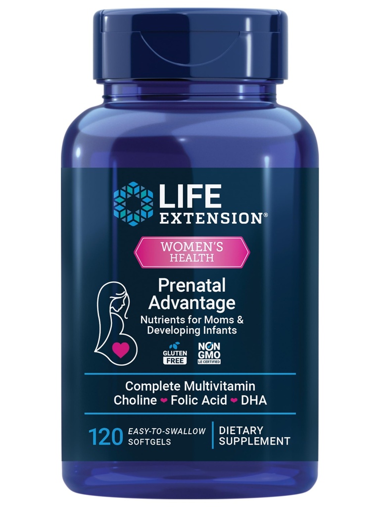 Avantage prénatal, Multivitamines pour femmes, Soutien pour bébés, acide folique, Choline, oméga-3s, vitamine C, D3, B1, B6, B12, zinc, niacine, sans gluten, sans OGM, 120 softgels